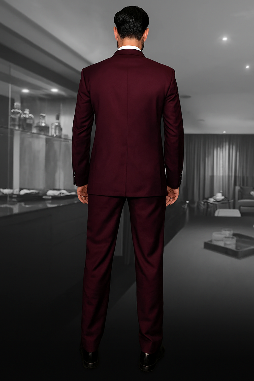 Mens Classic Wool Double Breasted Suit in Burgundy