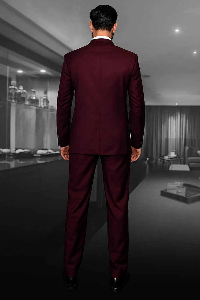 Mens Classic Wool Double Breasted Suit in Burgundy