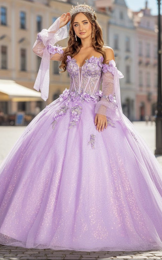 Glitter Quinceanera Dress Bell Sleeve Ball Gown by GLS Gloria GL3486