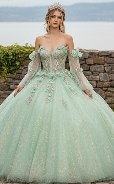 Glitter Quinceanera Dress Bell Sleeve Ball Gown by GLS Gloria GL3486