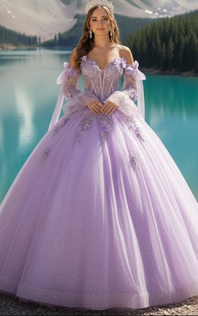 Glitter Quinceanera Dress Bell Sleeve Ball Gown by GLS Gloria GL3486