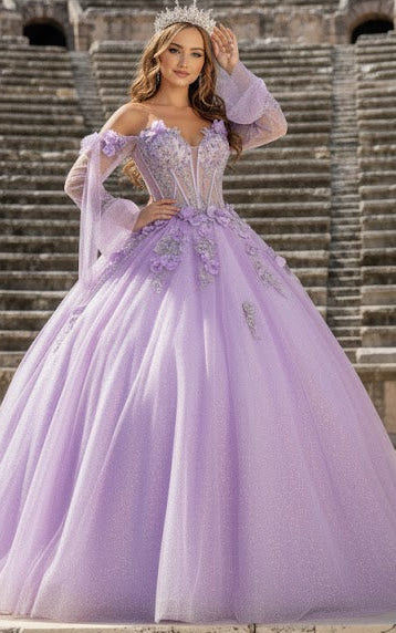 Glitter Quinceanera Dress Bell Sleeve Ball Gown by GLS Gloria GL3486