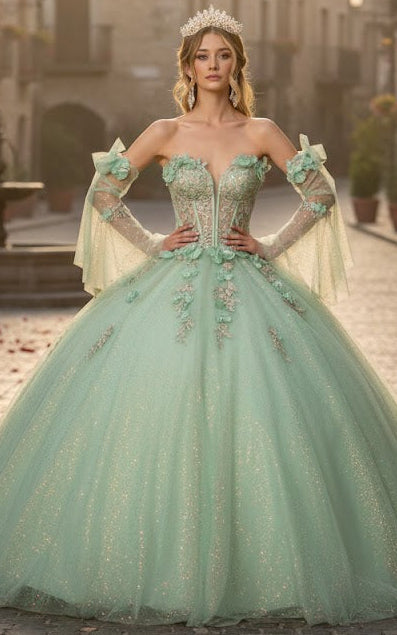 Glitter Quinceanera Dress Bell Sleeve Ball Gown by GLS Gloria GL3486