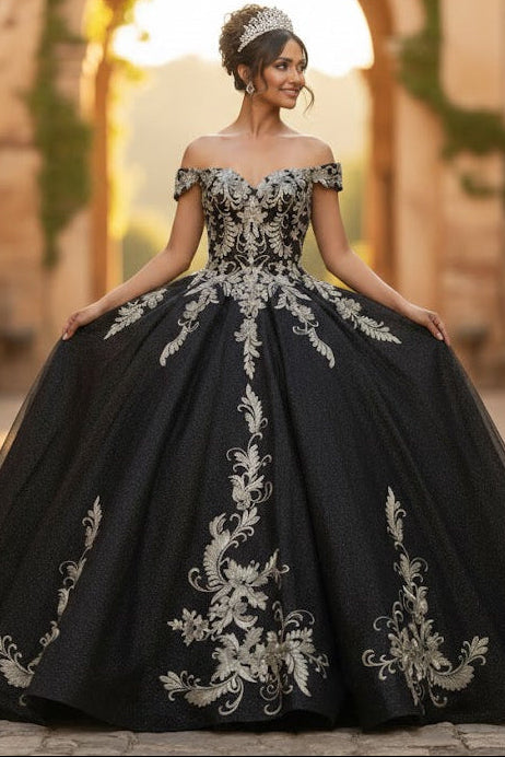 Off Shoulder Corset Back Embroidery Quince Gown