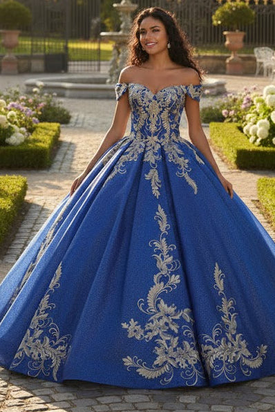 Off Shoulder Corset Back Embroidery Quince Gown