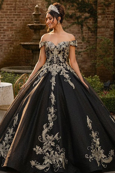 Off Shoulder Corset Back Embroidery Quince Gown