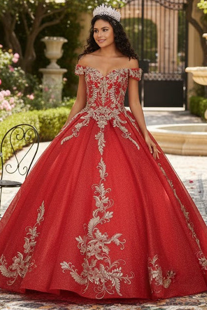 Off Shoulder Corset Back Embroidery Quince Gown