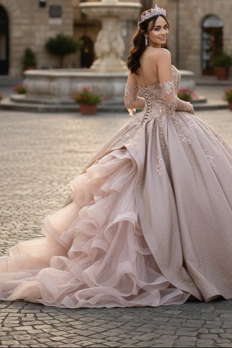 Ruffled Glitter Ball Gown Sweetheart Quinceanera Dress by Elizabeth K GL1912