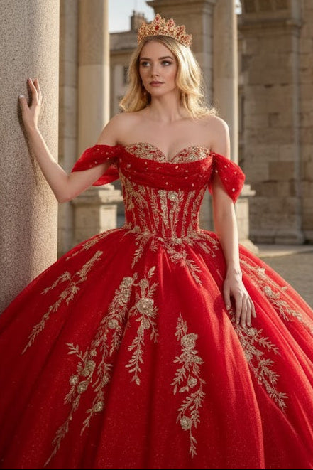 Red Quinceanera Dress Off Shoulder Ball Gown by Elizabeth K GL3631