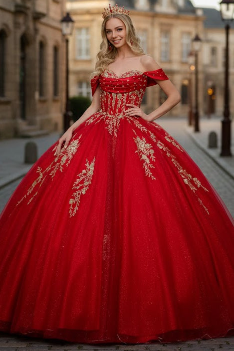 Red Quinceanera Dress Off Shoulder Ball Gown by Elizabeth K GL3631