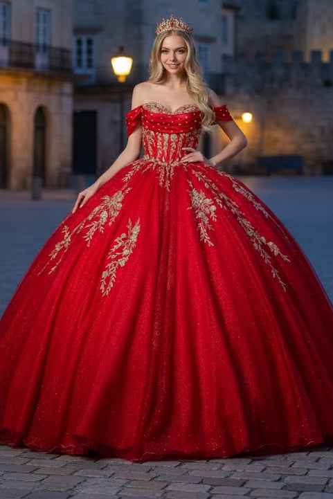 Red Quinceanera Dress Off Shoulder Ball Gown by Elizabeth K GL3631