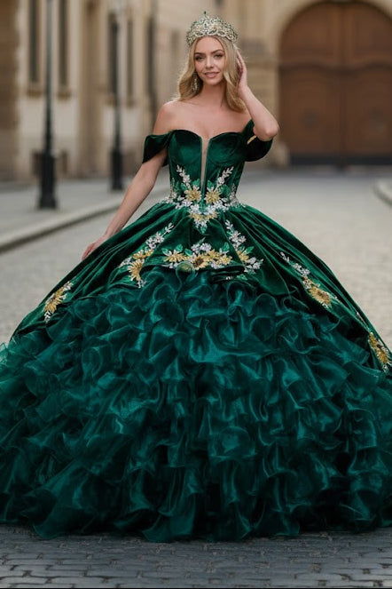 Emerald Green Charro Quinceanera Dress Sweetheart Ruffled Ball Gown by Elizabeth K GL3637