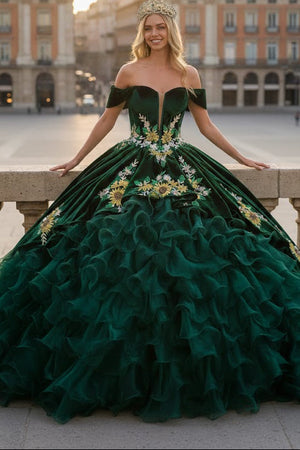 Emerald Green Charro Quinceanera Dress Sweetheart Ruffled Ball Gown by Elizabeth K GL3637