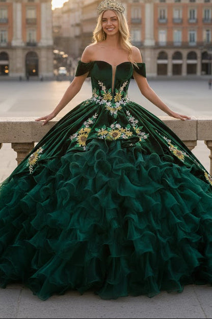 Emerald Green Charro Quinceanera Dress Sweetheart Ruffled Ball Gown by Elizabeth K GL3637