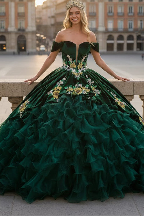 Emerald Green Charro Quinceanera Dress Sweetheart Ruffled Ball Gown by Elizabeth K GL3637