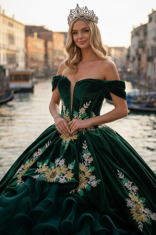 Emerald Green Charro Quinceanera Dress Sweetheart Ruffled Ball Gown by Elizabeth K GL3637