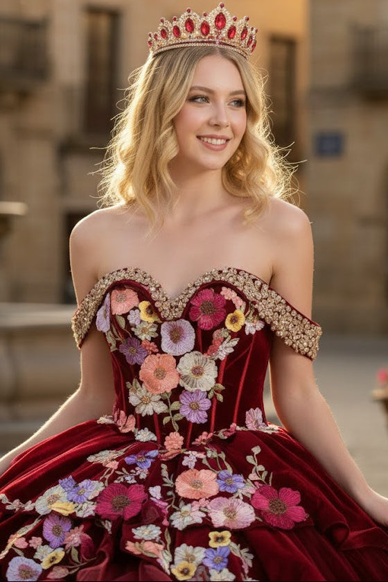 Burgundy Charro Quinceanera Dress Off Shoulder Ruffled Ball Gown by Elizabeth K GL3638