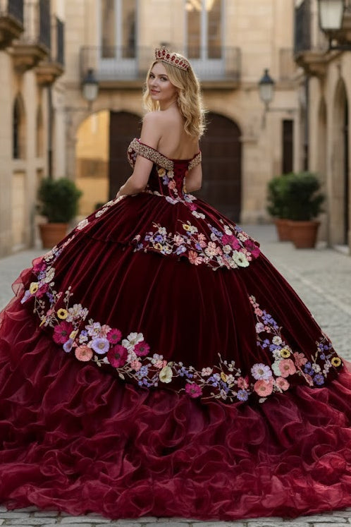 Burgundy Charro Quinceanera Dress Off Shoulder Ruffled Ball Gown by Elizabeth K GL3638