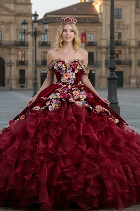 Burgundy Charro Quinceanera Dress Off Shoulder Ruffled Ball Gown by Elizabeth K GL3638