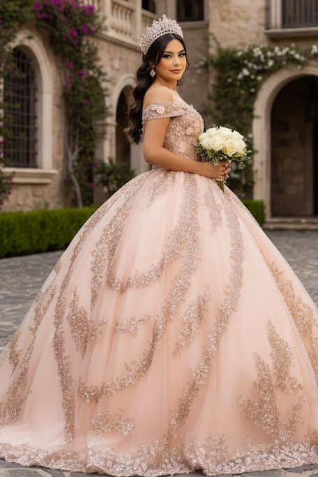 Off the Shoulder Quinceañera Ball Gown with Sequins 3D Floral Lace Sweet 16 Dress by Layla K LK285