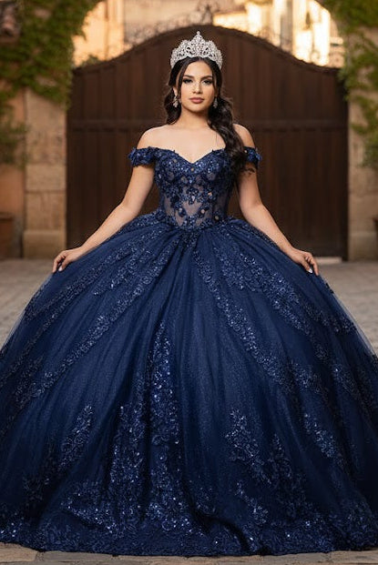 Off the Shoulder Quinceañera Ball Gown with Sequins 3D Floral Lace Sweet 16 Dress by Layla K LK285