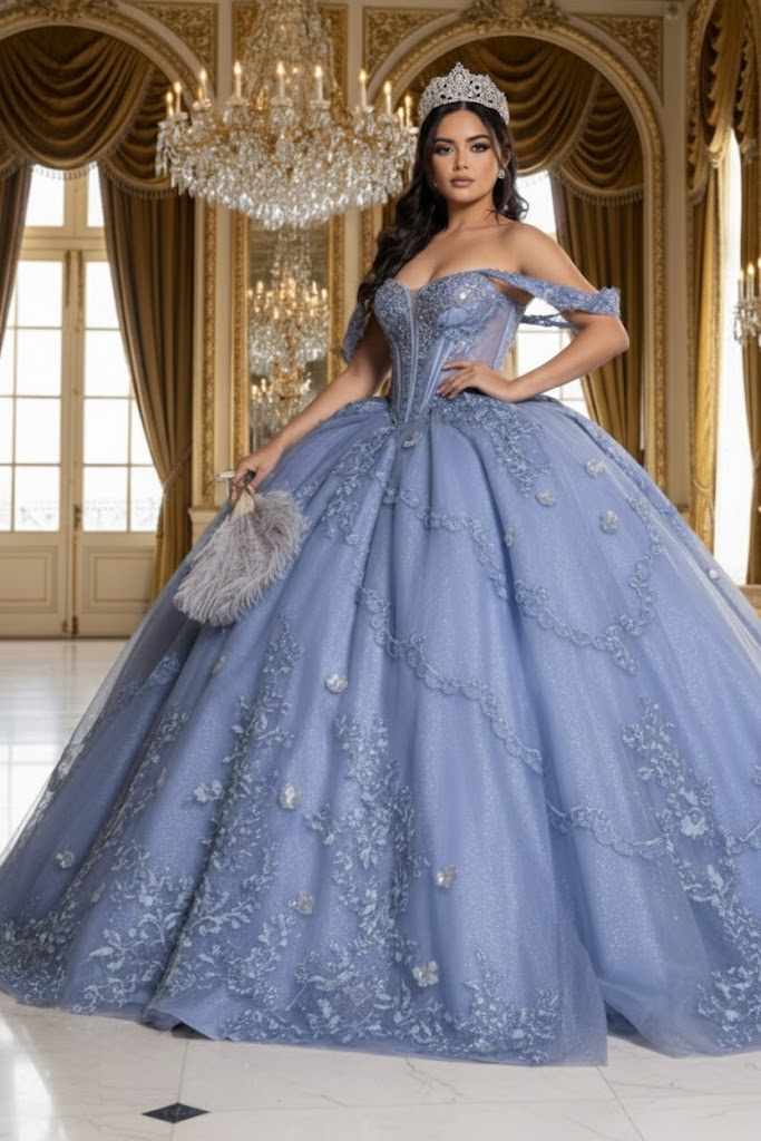 Off-Shoulder Quinceañera Ball Gown with Beaded Lace Appliques and Royal Train by Layla K LK283