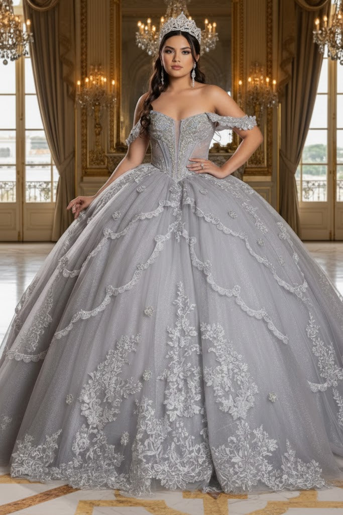 Off-Shoulder Quinceañera Ball Gown with Beaded Lace Appliques and Royal Train by Layla K LK283