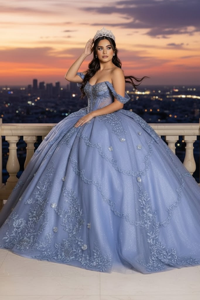 Off-Shoulder Quinceañera Ball Gown with Beaded Lace Appliques and Royal Train by Layla K LK283