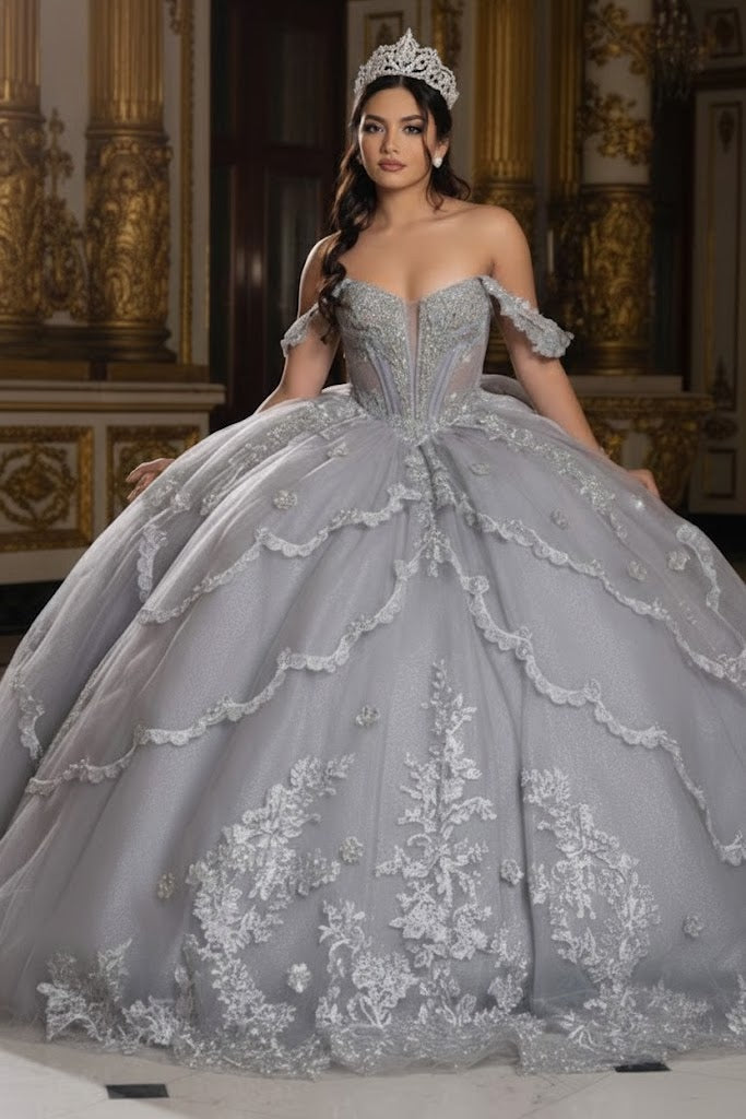 Off-Shoulder Quinceañera Ball Gown with Beaded Lace Appliques and Royal Train by Layla K LK283
