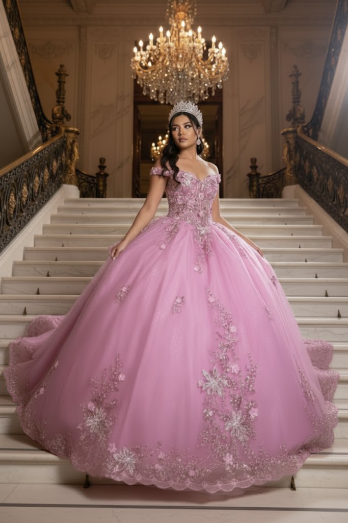 Luxurious Off The Shoulder Quinceañera Ball Gown with 3D Floral Appliqués Glitter Tulle Skirt by Layla K LK286