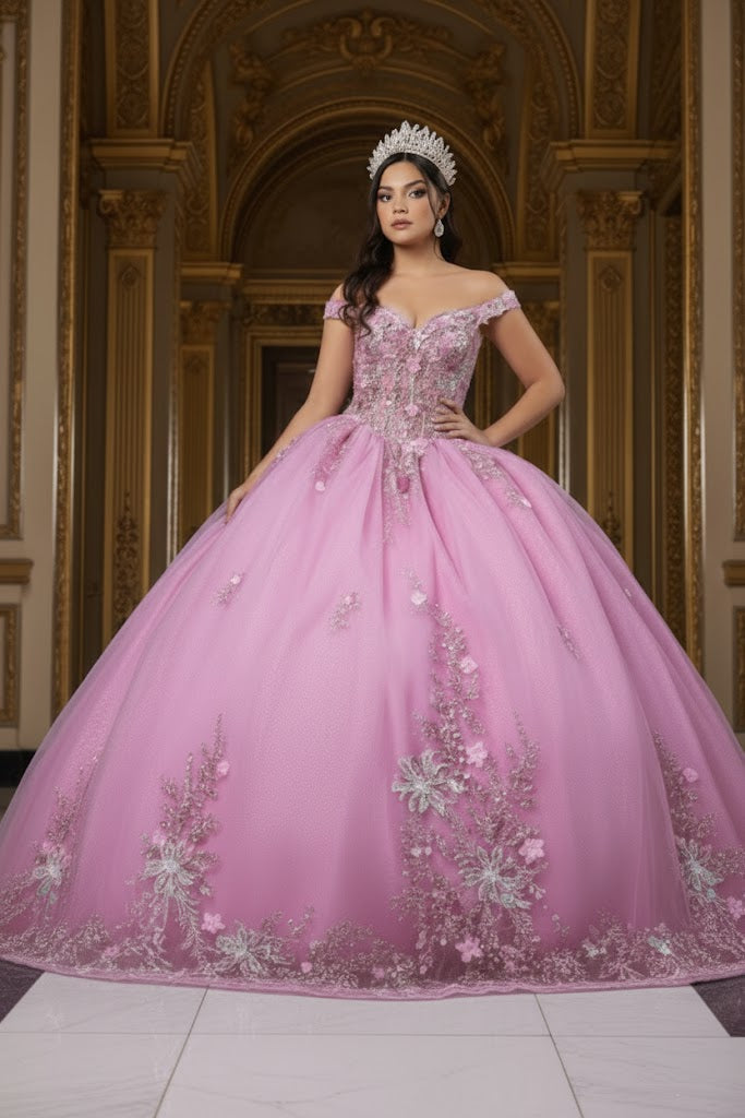 Luxurious Off The Shoulder Quinceañera Ball Gown with 3D Floral Appliqués Glitter Tulle Skirt by Layla K LK286