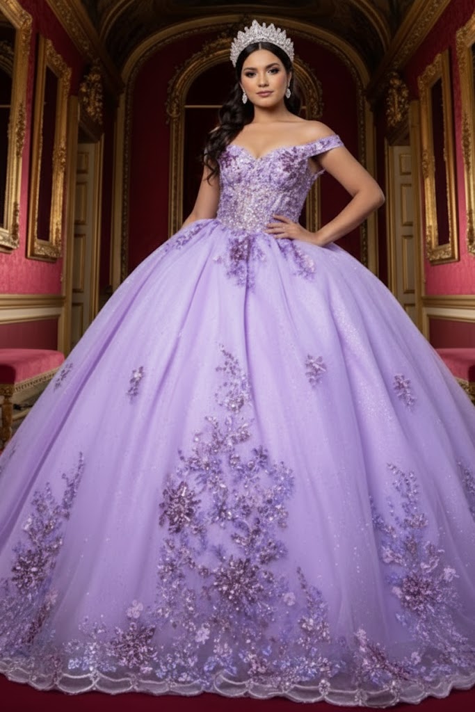 Luxurious Off The Shoulder Quinceañera Ball Gown with 3D Floral Appliqués Glitter Tulle Skirt by Layla K LK286