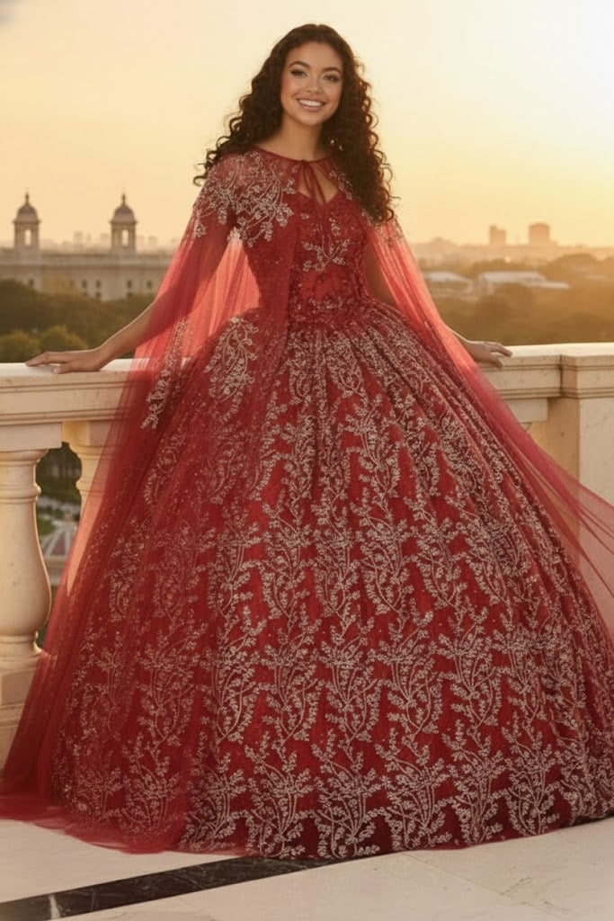 Layla K LK204 Detachable Cape Glitter 3D Floral Applique Quince Gown
