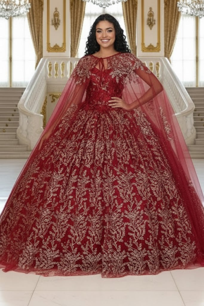 Layla K LK204 Detachable Cape Glitter 3D Floral Applique Quince Gown