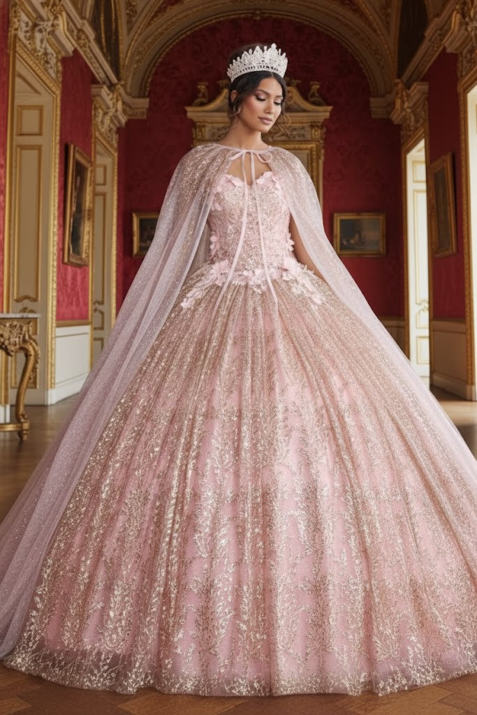 Layla K LK204 Detachable Cape Glitter 3D Floral Applique Quince Gown