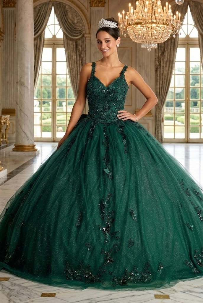 Quinceanera Dress Ball Gown in Mesh Glitter Bow Train by Layla K LK174