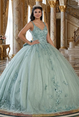 Quinceanera Dress Ball Gown in Mesh Glitter Bow Train by Layla K LK174