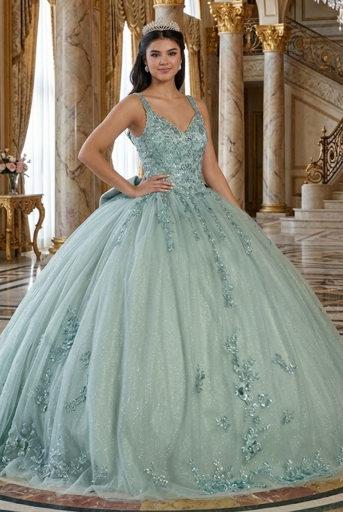 Quinceanera Dress Ball Gown in Mesh Glitter Bow Train by Layla K LK174