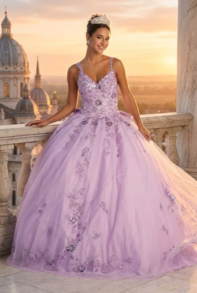 Quinceanera Dress Ball Gown in Mesh Glitter Bow Train by Layla K LK174