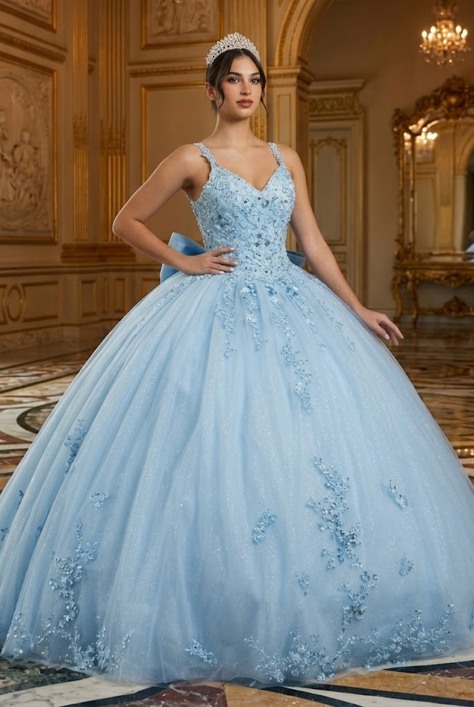 Quinceanera Dress Ball Gown in Mesh Glitter Bow Train by Layla K LK174