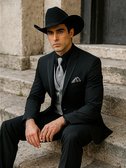 Mens Black Western Tuxedo with Silver Vest & Cowboy Hat  Slim Fit