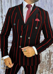 Mens Double Breasted Gangster Pinstripe Six Button Suit in Black