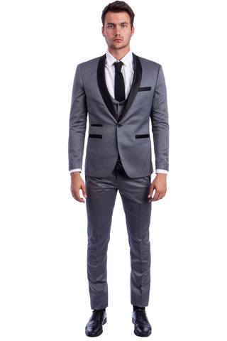 Mens Gray Tuxedo - Grey Wedding Suit-Mens One Button Low Cut  Vested Shawl Tuxedo In Grey