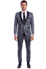 Mens Gray Tuxedo - Grey Wedding Suit-Mens One Button Low Cut  Vested Shawl Tuxedo In Grey