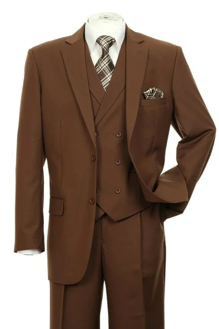 Mens Brown 2-Button Suit with Pleated Pants and Double-Breasted Vest