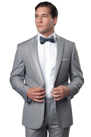 Mens Gray Tuxedo - Grey Wedding Suit-Mens Slim Fit One Button Satin Trim Peak Lapel Prom & Wedding Tuxedo In Light Grey