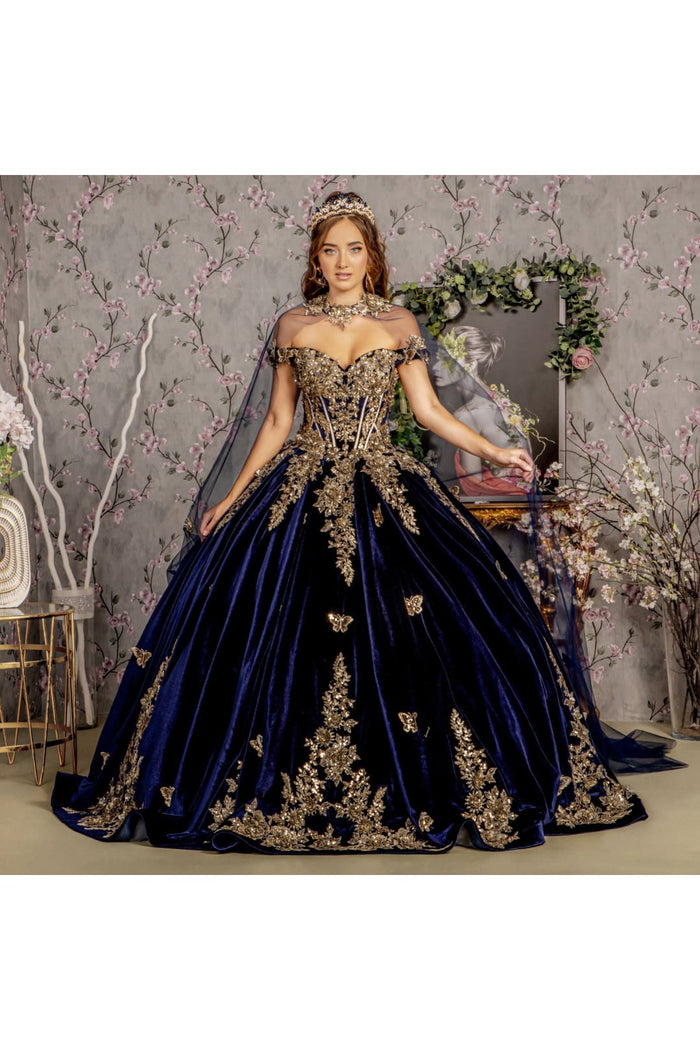 Navy Blue And Gold Quinceanera Dresses Velvet Cape Ball Gown by GL3471