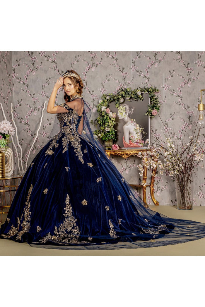 Navy Blue And Gold Quinceanera Dresses Velvet Cape Ball Gown by GL3471