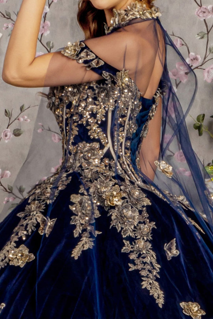 Navy Blue And Gold Quinceanera Dresses Velvet Cape Ball Gown by GL3471
