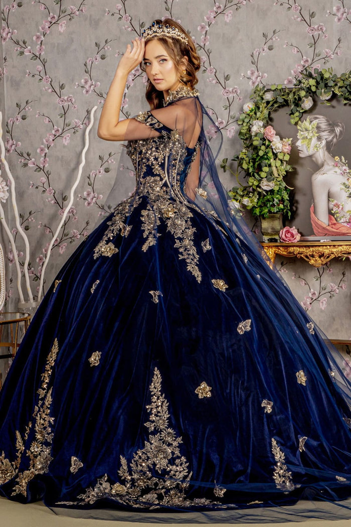 Navy Blue And Gold Quinceanera Dresses Velvet Cape Ball Gown by GL3471